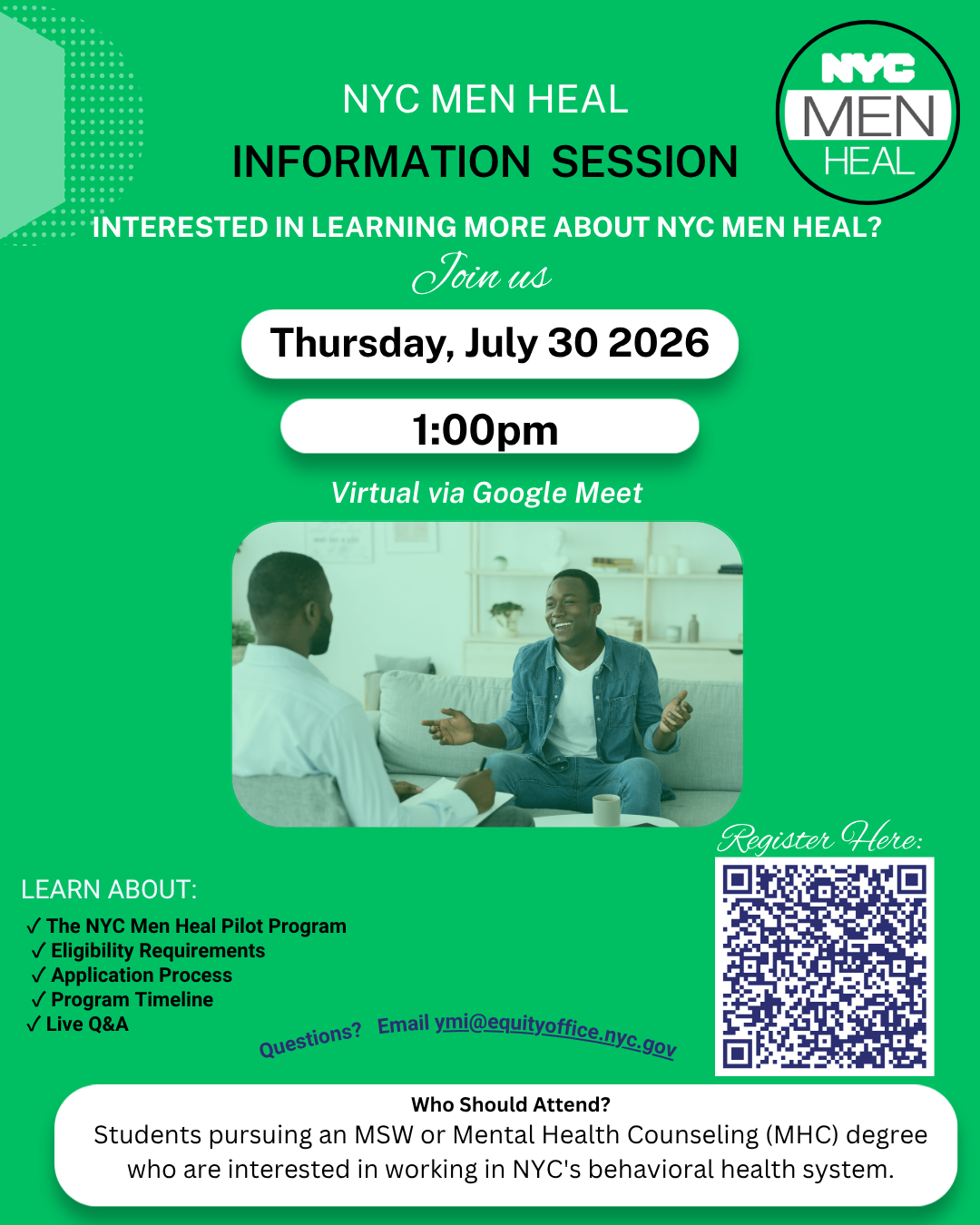 NYC Men Heal information session flyer with date, time, registration QR code, and program details